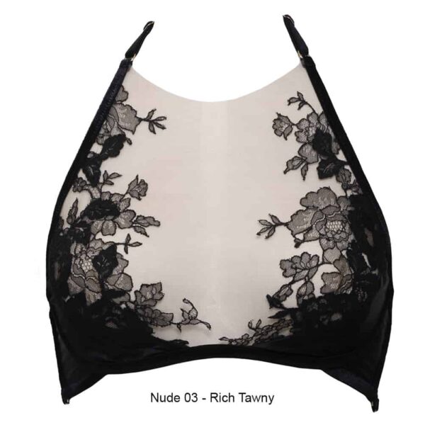 Halter Collection Bra Syntosis Nude Rich Tawny by Herve by Celine Marie. The full bra is shaped with black velvet elastics and sheer fabric with black lace. The outer corner of each cup is reinforced with black fabric. The rings of the bra are golden.