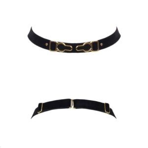 Choker Annecy necklace by Herve by Celine Marie. This necklace is made of fine black elastic in soft velvet. The back hooks are 24 carat gold plated and decorated with gold crystals. Two fancy hooks are placed in the center of the necklace with nails next to them.