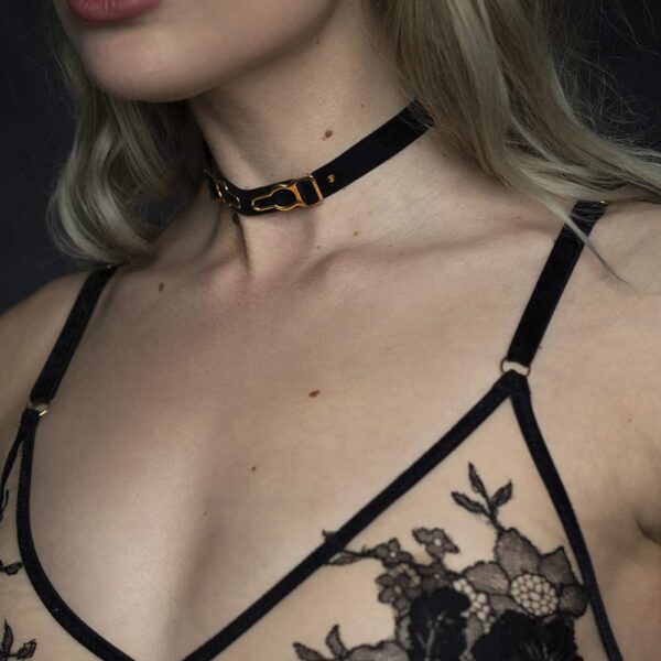 Triangle bra and choker by HERVÉ by Céline Marie, shaped with black velvet elastics and a transparent fabric decorated with black lace. The clasps of the choker and the rings of the bra are golden.