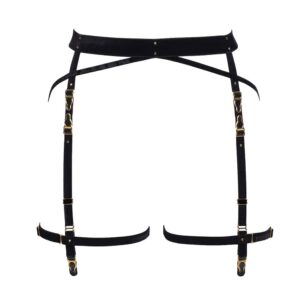 Suspender belt Annecy from the brand Herve by Celine Marie. This product is made of fine black elastic in soft velvet. The hooks and adjustments are 24-carat gold-plated and decorated with gold crystals. One thick elastic band goes around the hip, the other bands are thinner.