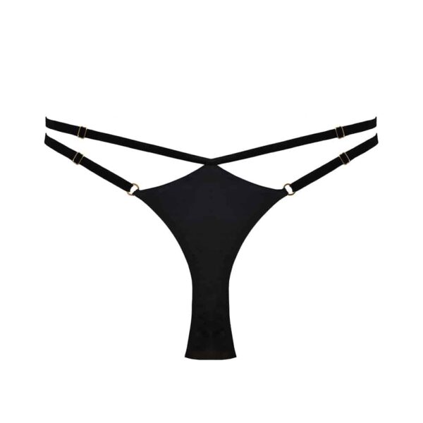 Raël thong from the brand Hervé by Celine Marie in black colour. This thong is provided with fine soft velvet elastics adjustable by small hooks and rings in 24 carat gold plated. The front part which hides the genitals is a rather large and black piece of fabric.