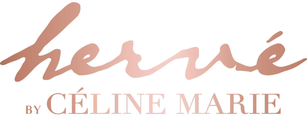 Logo of the brand HERVE BY CELINE MARIE from two typographies. The first name Hervé has a handwritten typography while the rest of the logo has a serif typeface.