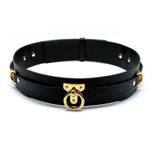 Ceinture bondage noire de la marque UPKO, pour attacher vos accessoires bdsm à votre ceinture. Le cuir noir de la ceinture est également muni de clous anneaux et glissières en laiton doré