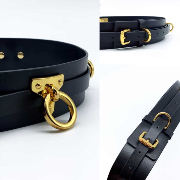 Schwarzer Bondage-Gürtel der Marke UPKO, um Ihre bdsm-Accessoires an Ihrem Gürtel zu befestigen. Das schwarze Leder des Gürtels ist ebenfalls mit Nägeln, Ringen und Gleitern aus Goldmessing versehen.