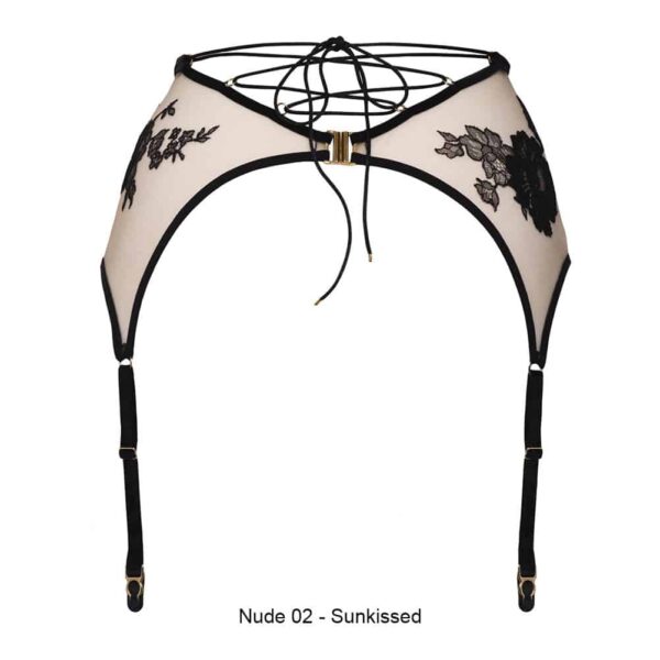 Suspender belt Yvea Nude Sunkissed Collection Symbioticy by HERVE BY CELINE MARIE. The garter belts are shaped with black velvet elastics and a transparent fabric decorated with black lace. The clasps of the garter belts are golden.