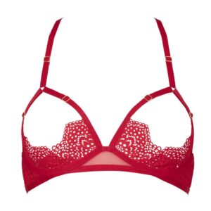 Red open bra from the brand ATELIER AMOUR Collection Nommée Désir. Elasticated straps form the cup and host a piece of lace in its lower part leaving a completely open cut on the breast. Simple straps support the breast at the front and cross at the top of the back. The product opens and is made by a double clip in the back.