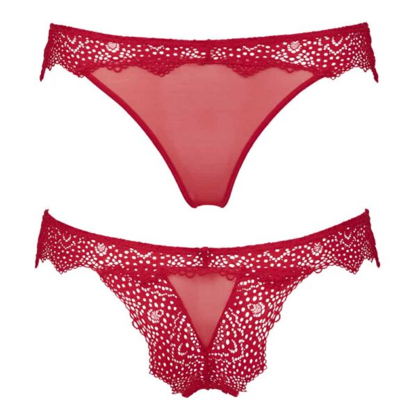 Red open tanga from the brand Atelier amour and the collection Nommée Désir. The hip and buttocks are made of fine red lace. The front intimate parts and the center of the buttocks are subtly revealed by transparent tulle pieces.
