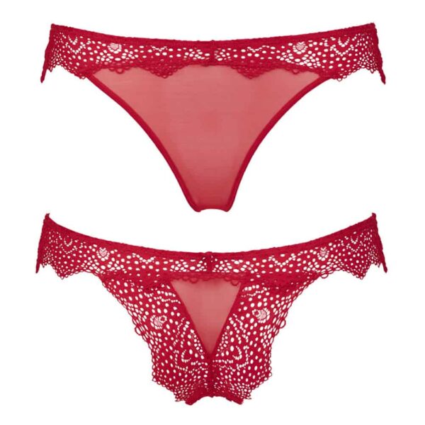 Tanga rojo abierto de la marca Atelier amour y de la colección Nommée Désir. La cadera y las nalgas son de fino encaje rojo. Las partes íntimas delanteras y el centro de las nalgas se revelan sutilmente con piezas de tul transparente.