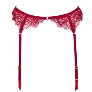Red suspender belt from the brand ATELIER AMOUR Collection Nommée Désir. The finesse of these suspender belts is justified by the lace delicately placed at the level of the hips leaving some fine elastics surrounding the waist and providing the golden clips to the thighs.