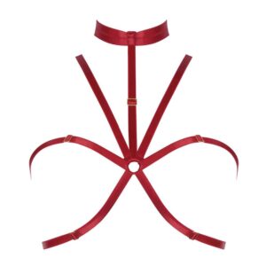 Red open elastic cage harness by ELF Zhou London