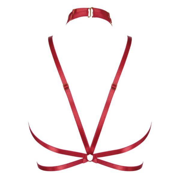 Red open elastic cage harness by ELF Zhou London