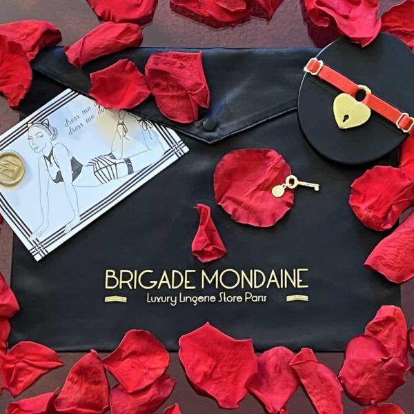 Schwarze Verpackung der mondänen Brigade. Der Stoff ist mit der goldenen Aufschrift "Brigade Mondiaine" versehen. Die Karte, der rote Choker und die Rosenblütenblätter sind beigefügt.