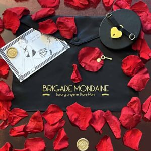 black packaging of the brigade mondaine. On the fabric is inscribed the brigade mondaine gold color. Accompanied by a card, a black choker and rose petals.