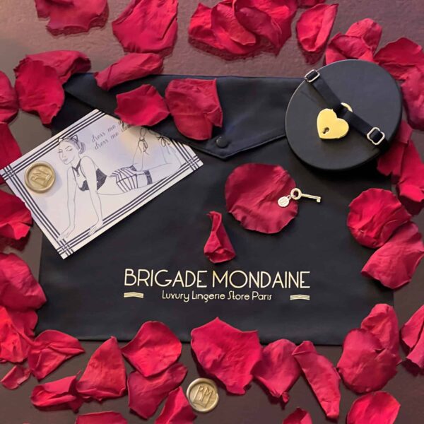 black packaging of the brigade mondaine. On the fabric is inscribed the brigade mondaine gold color. Accompanied by a card, a black choker and rose petals.