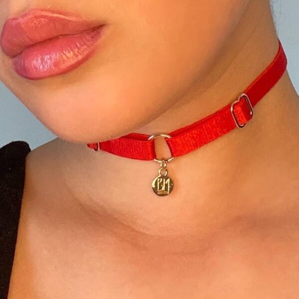 BM necklace included in the Brigade Mondaine gift pack. The product is a simple choker with a red elastic necklace and a gold pendant embossed with the Brigade Mondaine logo. This jewelry is attached to the necklace by a ring. The whole product is adjustable.