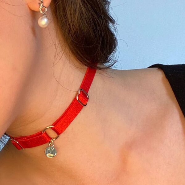 Collier BM inclut dans le pack cadeau Brigade Mondaine. Le produit est un choker simple avec un tour de cou en élastique rouge et un pendentif doré embossé du logo Brigade Mondaine. Ce bijoux est attaché au collier par un anneau. L’ensemble du produit est réglable.