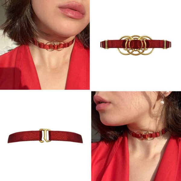 Collar Bordelle y Brigade Mondaine disponible en el paquete de regalo rojo. El collar es fino y tiene detalles dorados.