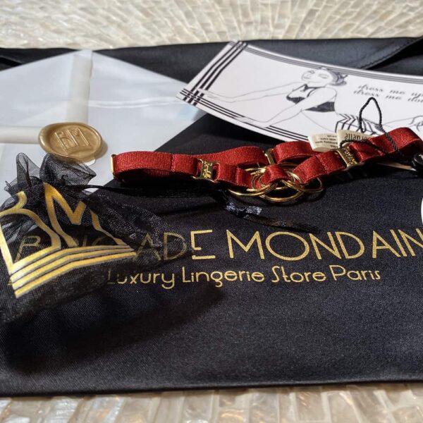 Foto des roten Geschenkpakets Bordelle und Brigade Mondaine. Es zeigt eine rote Halskette Bordelle aus elastischem Material und runden goldenen Details.
