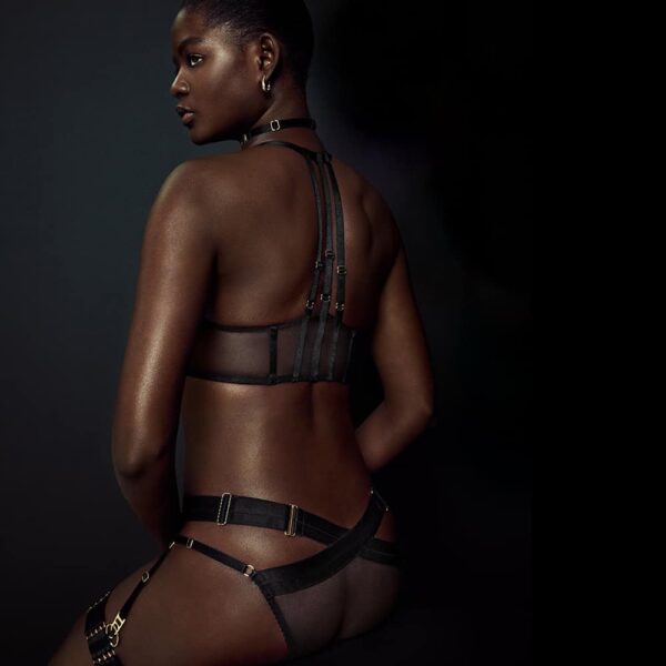 Black mesh Tomoe harness panties and cross elastic by Bordelle at Brigade Mondaine