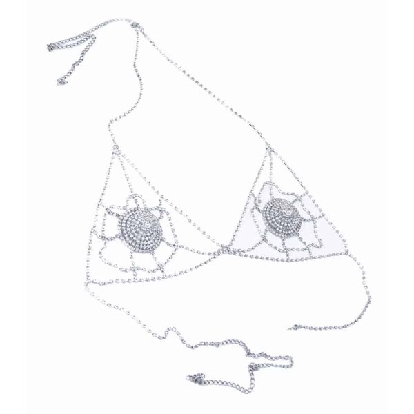 This article is a crystal bra from ELF Zhou London. It is made of crystal nipple covers. Each breast has a spider web with crystals to dress it up. The bra fastens at the neck and back. 