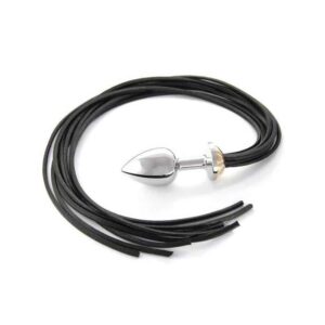 Accessoire Fouet martinet en cuir noir et Plug argenté.