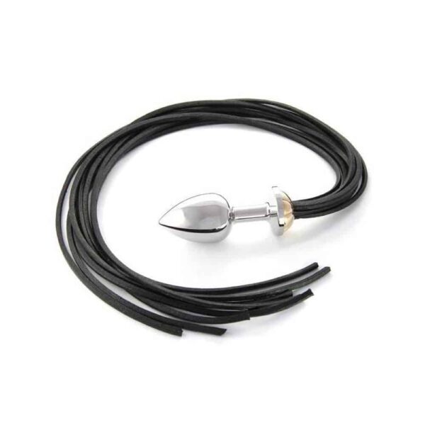 Black leather whip and silver plug accessory.