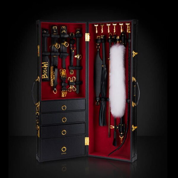 For your top 10 UPKO accessories Handmade red velvet and black leather bondage and BDSM accessories case, including drawers and UPKO secure code lock at Brigade Mondaine
