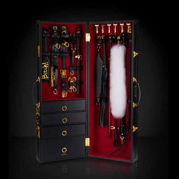 For your top 10 UPKO accessories Handmade red velvet and black leather bondage and BDSM accessories case, including drawers and UPKO code lock at Brigade Mondaine