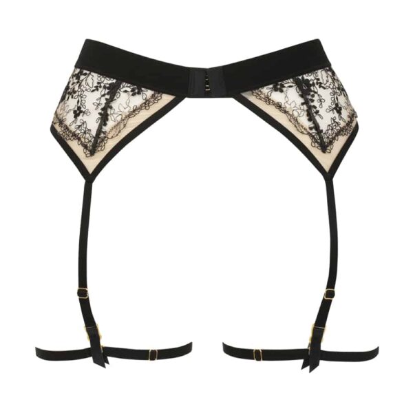 Suspender belt Atelier Amour with small ring and medallion signed AA, floral lace on transparent tulle