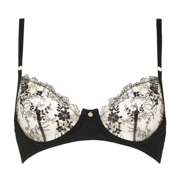 Soutien-gorge corbeille Après Minuit en dentelle florale sur tulle transparent, avec élastiques croisés dans le dos