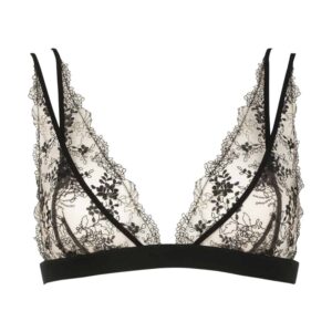 Floral lace triangle bra on transparent tulle, with crossed elastics in the back