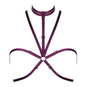 Harness Cage collection Bordeaux of the brand ELF ZHOU LONDON. A central ring connects each of the elastic straps. A double choker is connected to the harness.