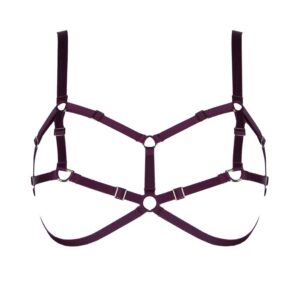 Open bra in burgundy elastic by ELF Zhou London with nipple rings