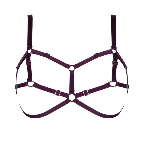 Open bra in burgundy elastic by ELF Zhou London with nipple rings