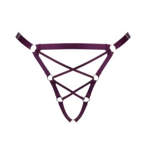 Culotte Shibari ouvert collection bordeaux de la marque ELF ZHOU LONDON. Cette culotte est confectionnée à partir d’élastiques, un corsetage figure sur le devant et décore le devant des parties génitales.