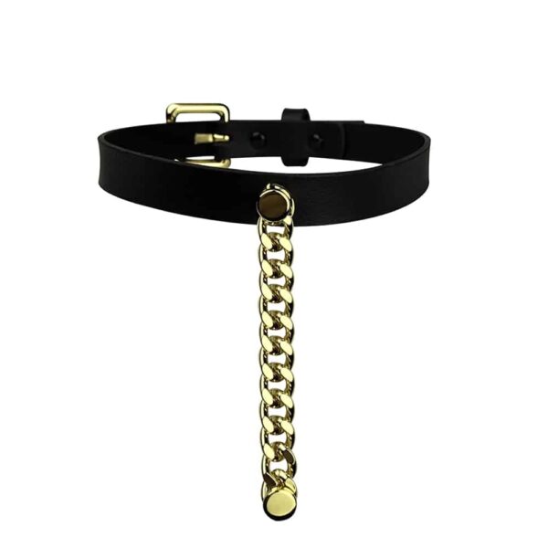 Choker aus schwarzem Leder von ELF Zhou London mit Kette mit goldenen Beschlägen