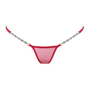 Ici vous pouvez voir le Micro V string Transparent Red de la marque LUCKY CHEEKS. Devant, l’entre-jambe est couverte de tulle rouge transparent. Les bandes sur les hanches sont faites d’une fine bande rouge et de bijoux en zamac.