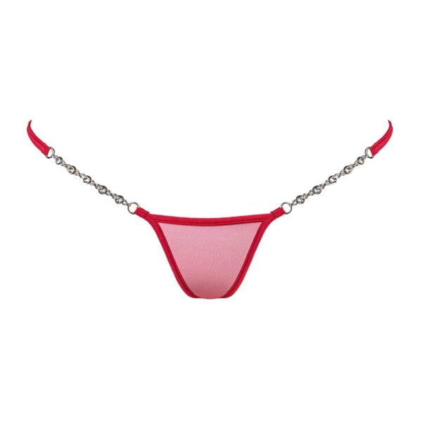 Aquí puedes ver el tanga Micro V Transparent Red de la marca LUCKY CHEEKS. En la parte delantera, la entrepierna está cubierta de tul rojo transparente. Las bandas en las caderas están hechas de una fina banda roja y joyas de zamac.