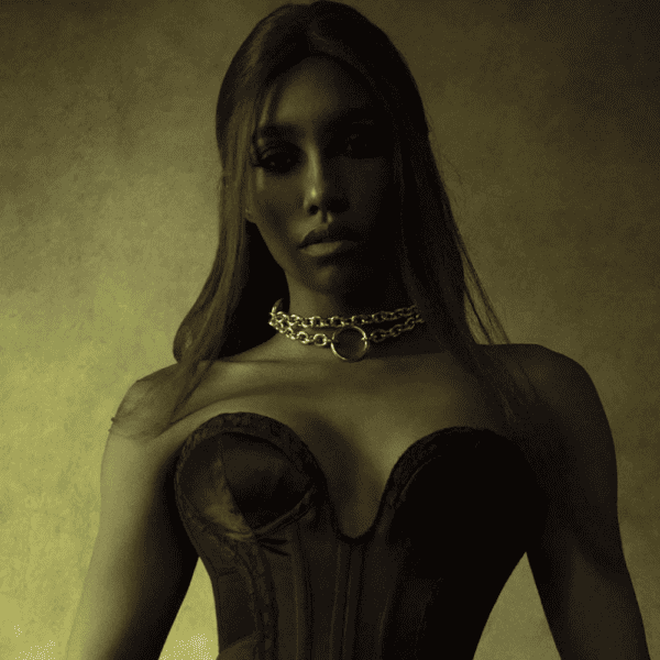 Photograph of a woman in darkness wearing a black corset and a chain necklace with gold ring.