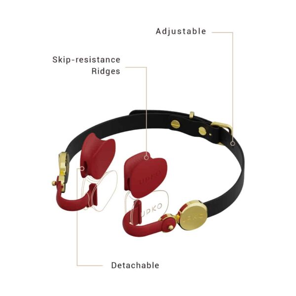 This is a Bondage Invisible Gag from the brand Upko. There is a red silicone part that fits inside the mouth. It can be attached and worn independently. To attach it at the neck you can use the black leather part.