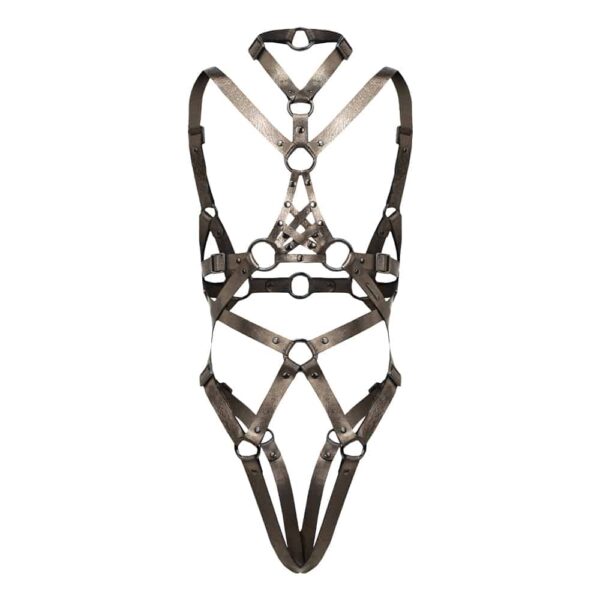 Playsuit Amelia of the brand Asche & Gold. This leather bodysuit of gun color is composed of a central piece at the level of the thorax which represents a tangle of leather bands. This piece forms a harness with straps and a belt at the waist connected with large rings of gun color. An imposing collar is also connected to this central piece. Finally an open panty forms the whole. The set is fully adjustable.