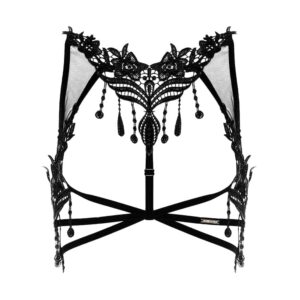 Black lace harness from the brand Asche & Gold. At the top, there are small transparent parts on each side and black lace seams in the center. Also, there is a thin black band that crosses the breasts and crosses below.