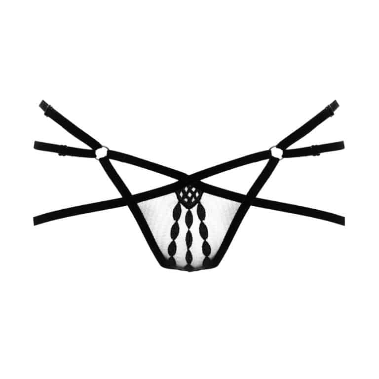 Black lace thong harness from Asche & Gold. In the center there is a transparent part and on top of it black lace seams. Also, on each side of the thong are two thin black bands that connect the front and back.