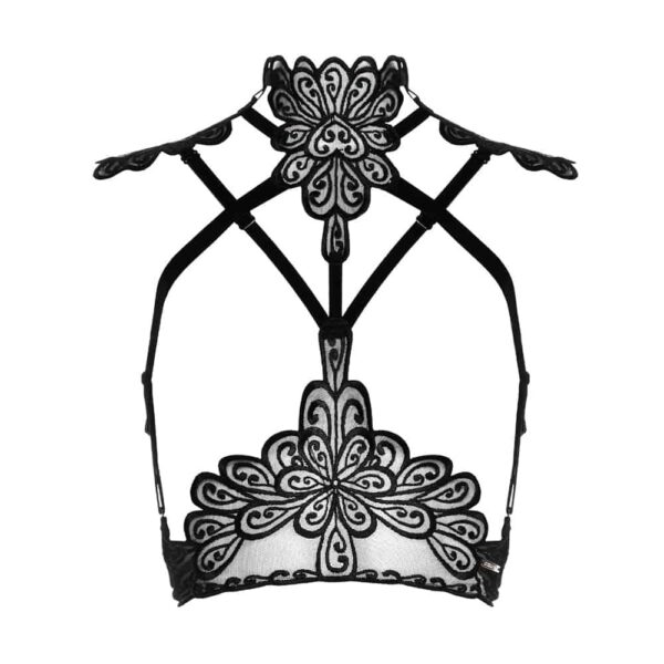 Black lace harness from the brand Asche & Gold. At the top, there are small transparent parts on each side and black lace seams in the center. Also, there is a thin black band that crosses the breasts and crosses below.