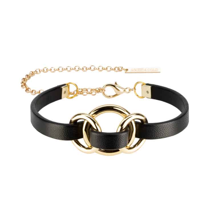Alodie Black Leather Necklace by Asche&Gold available at Brigade Mondaine. The necklace is made of black leather and gold.