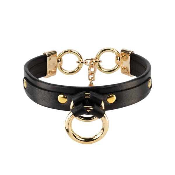 Arlette Black Leather Necklace by Asche&Gold available at Brigade Mondaine. The necklace is made of black leather with buckles and gold finishes.