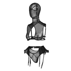 Spider Lady Role Playing Game from the brand Baed Stories. The costume is black. The top covers the head with a mask and is open at the eyes, the bottom has areas of transparency and is low cut at the chest covering only the breasts. The back is connected by two black bands that pass on the side. The back is open. The bottom is a belt at the waist and has areas of transparency on the panties. On the side there are ruffles with spider web patterns.