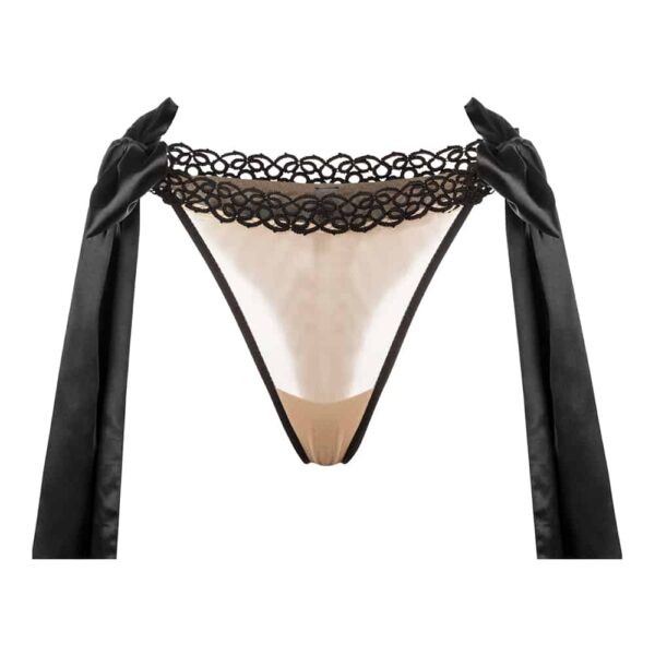 Transparent bra coquette of the brand BoundUp. The front of the bra is beige and slightly transparent. A black band runs across the middle of the cup. At the same time, above, there are beige beads that follow the movement of the cup, at the chest. Below, there is black lace. Regarding the back of the bra, to finish the path of the lace, there is a black ribbon bow.