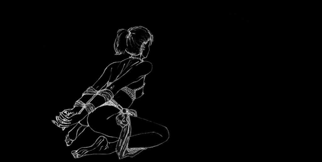 Zeichnung einer Frau auf Knien. Sie ist auf dem Rücken gefesselt. Sie trägt einen offenen BH mit Perlen und ein Höschen, an dessen Enden ein Stoff zu einer Schleife gebunden ist.