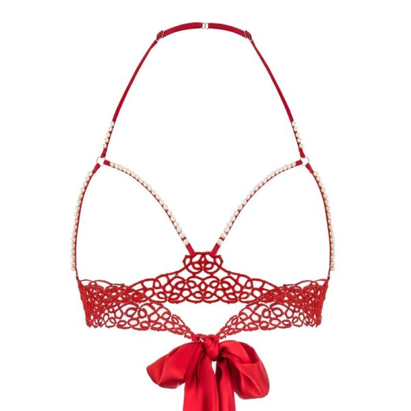 Erotic red open bra from BoundUp. Under the breasts, the bra has red lace. At the straps and the seam around the breasts, the whole is in a red fabric with some parts in white beads. The back of the bra has a bow with thick, silky red bands.